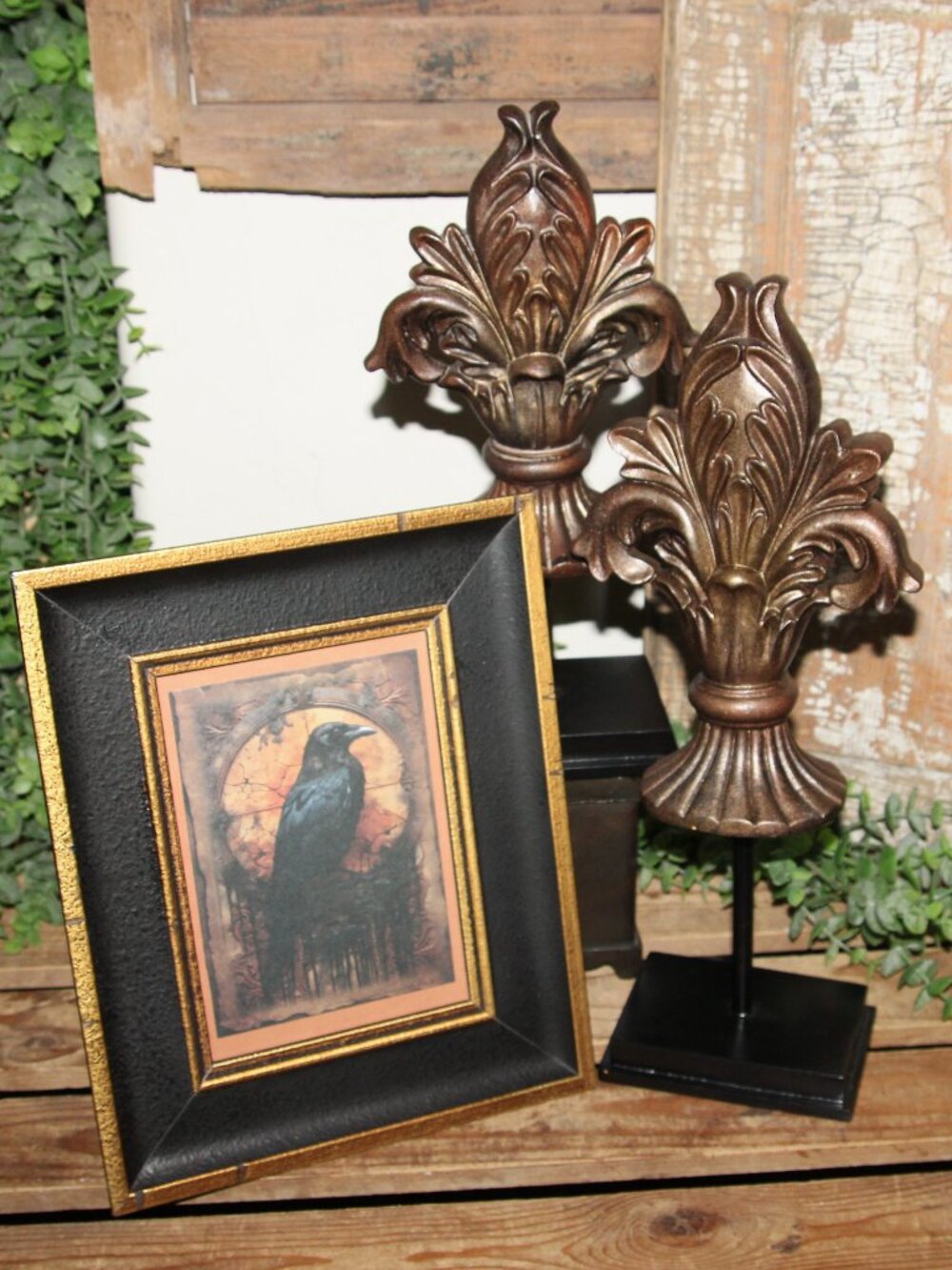 Dark Moody French Fleur De Lis Pair & Framed Black Crow Raven Bird Picture